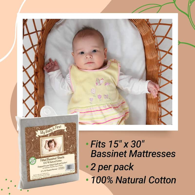 My Baby's First, Fitted Bassinet Sheets, 100% Natural Cotton, 15" x 30", 2 Pack