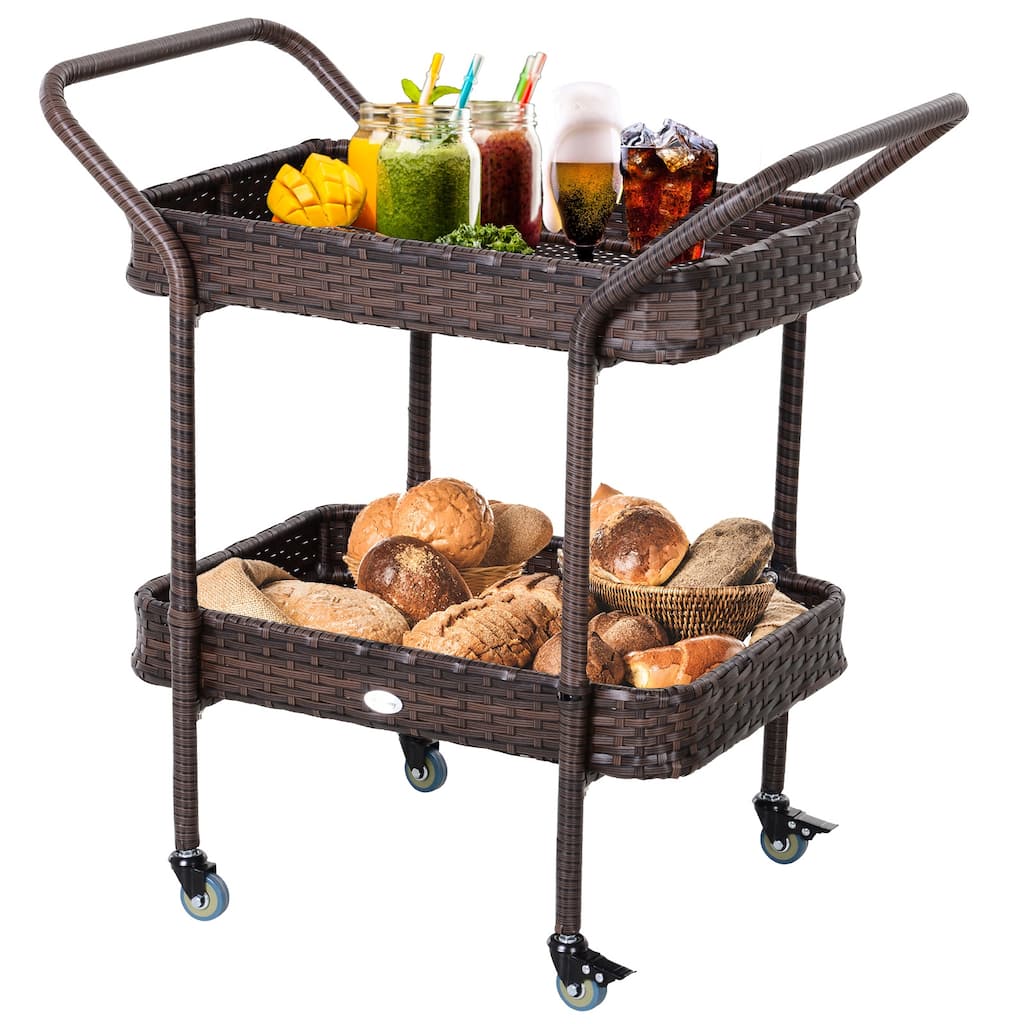 Outsunny Rattan Wicker Serving cart with 2-Tier Open Shelf, Outdoor Wheeled Bar cart with Brakes for Poolside, Garden, Patio