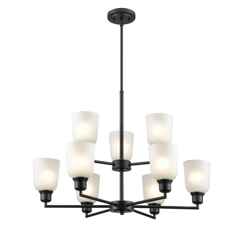 Millennium Lighting Amberle 2 Tier Brushed Nickel or Matte Black 9 Light Chandelier with Frosted White Shades