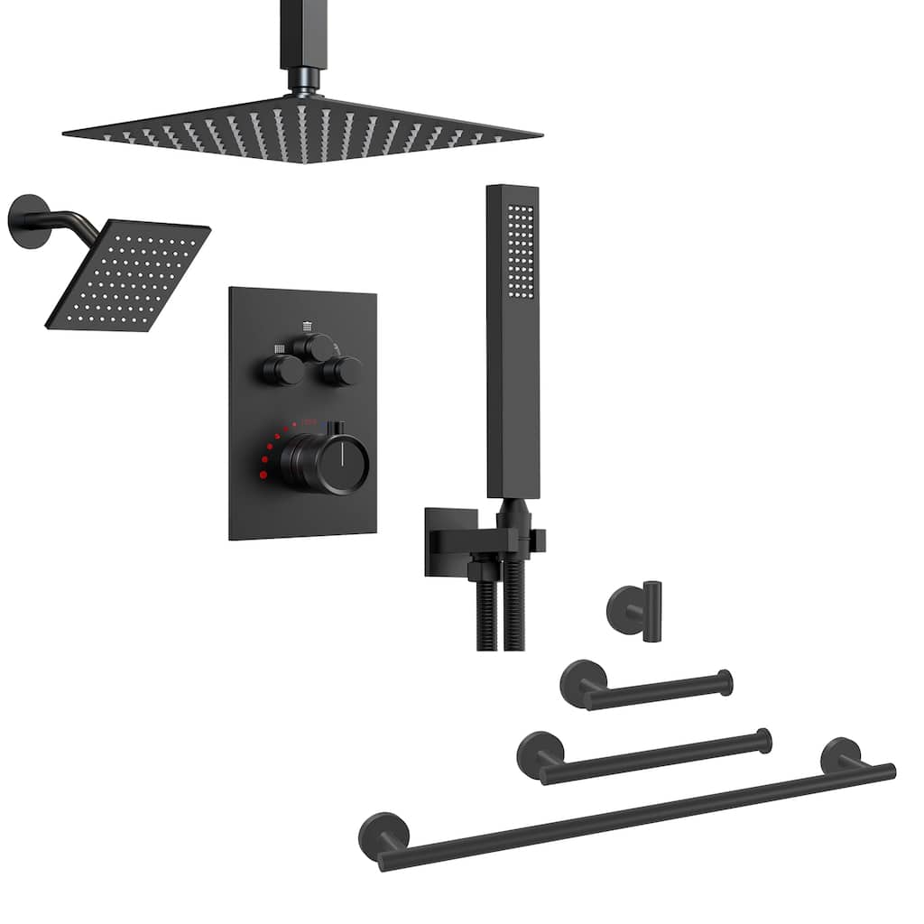 Dual Shower Heads 12" Rainfall and High Pressure 6" Shower System w/ 3 Way Thermostatic Faucet with Towel Bars Set