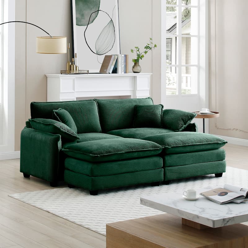 81" 2-Seater Sectional Sofa with 2 Ottoman Corduroy Upholstered Couch for Living Room, Apartment, Leisure Loveseat with Pillows