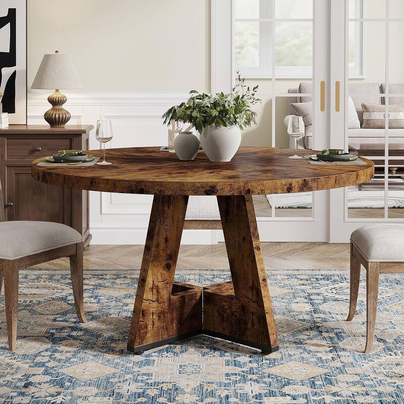 47" Round Wood Dining Table 4-Seater Farmhouse with Wooden Tabletop Cross Base for Dining Room/Kitchen
