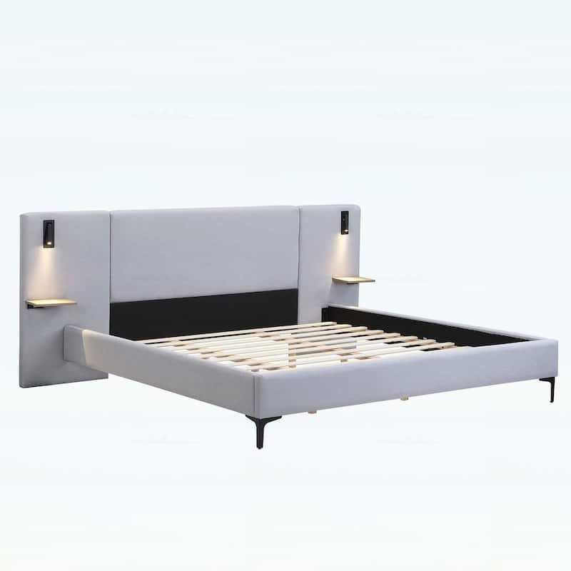 Chic Linen Upholstered Bed with Integrated Lights and Shelves