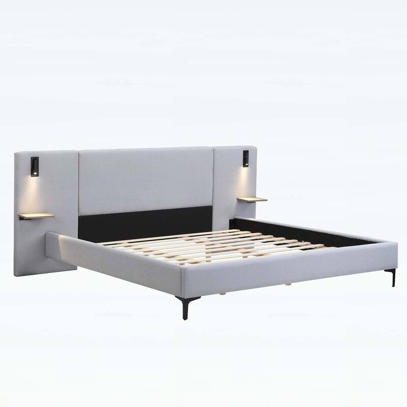 Stylish Design Linen Upholstered Bed with Integrated Lights and Shelves,for Modern and Rustic Interiors