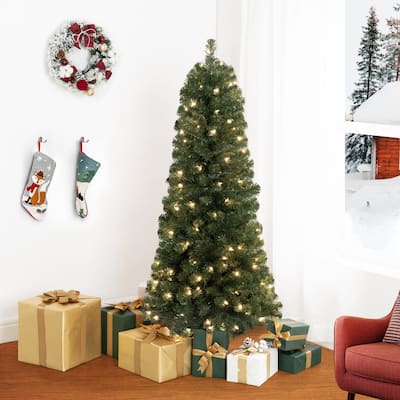 Vienna Slim Artificial Christmas Tree with Lights, Prelit Christmas Tree, Pine Fir Christmas Tree with Clear Lights