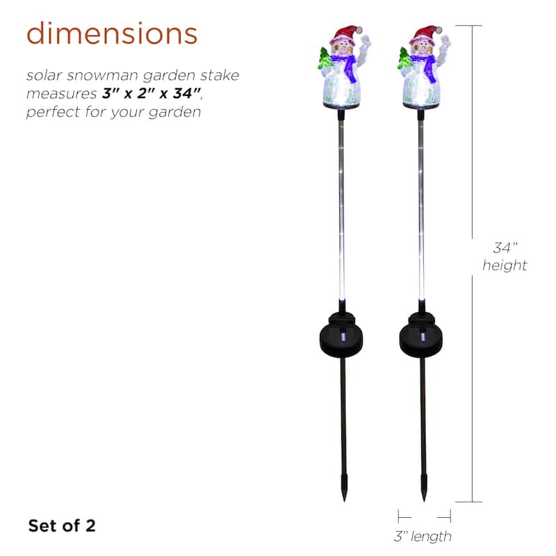 Alpine Corporation 34"H Outdoor Solar Christmas Snowman Fiber Optic Lawn Stakes with LED Lights (Set of 2) - Multi