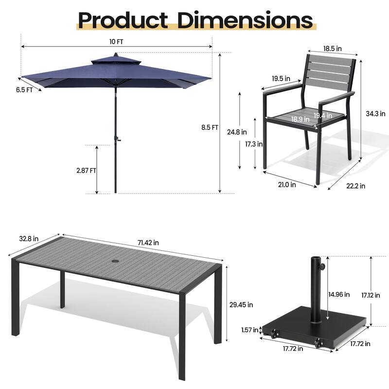 9-PCOutdoor Patio Dining Set Wood Like Aluminum Umbrella Hole Table with Stackable Armchairs, Market Umbrella and Wheel Base
