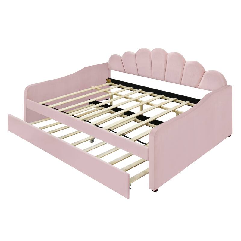 Full Size Daybed Upholstery Frame Sofa Bed with Shell-shape Backrest & Pull-out Trundle, Velvet Sleeper Sofa Bed for Living Room