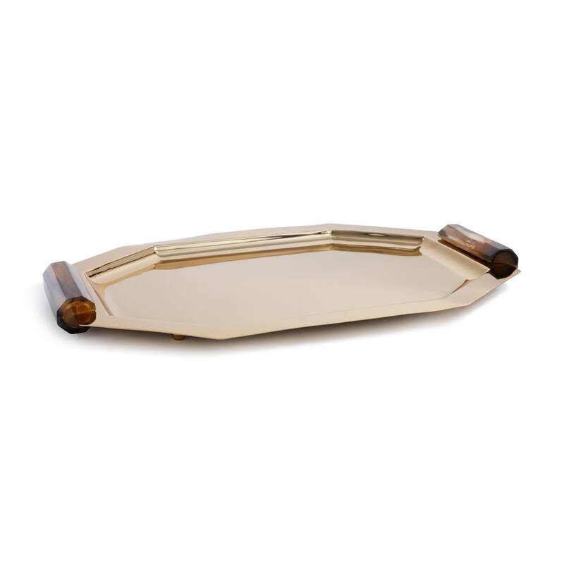 Polished Octagon Metal Serving Trays with Horn Handles - Gold - Medium