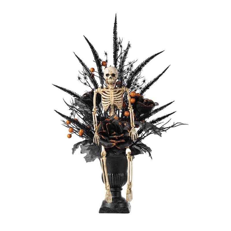 Glitzhome 22"H Halloween Black Rose Skeleton and Berry Urn Potted Table Tree