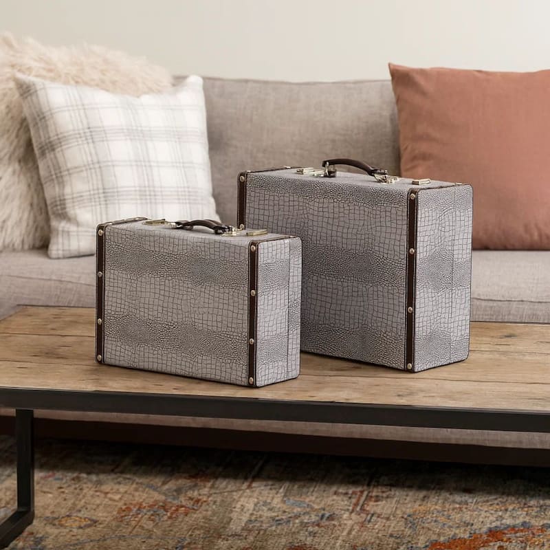 Trunk Style Suitcase with Textured Print Canvas Covering, Gray, Set of 2