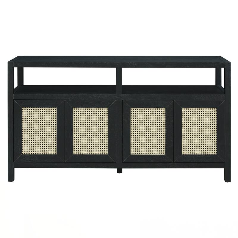 Rattan Buffet Storage Cabinet with Solid Wood Frame, Sideboard with 3-position Adjustable Shelves for Living & Dining Rooms