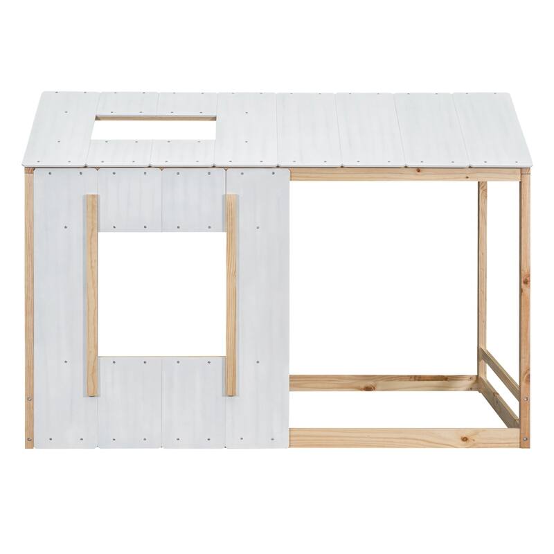 Twin Size House Platform with Roof and Window - Natural+White