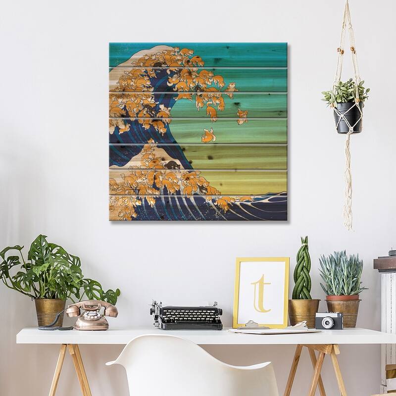 Shiba Inu In Great Waves Print On Wood by Big Nose Work - Multi-Color