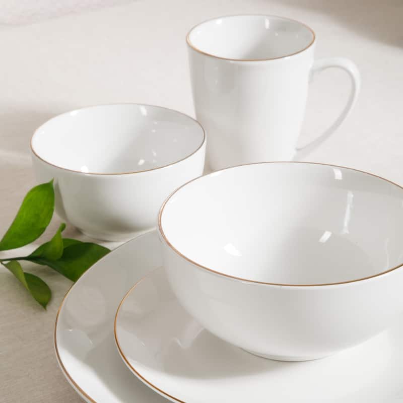 Gibson Home Ogalla 30 Piece Plates, Bowls, & Mugs Dinnerware Set - Service for 6 - White Porcelain W/ Gold Band