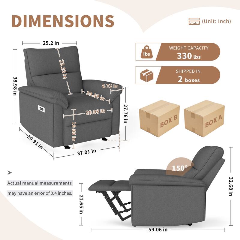 Classic Power Recliner Chair, Upholstered Electric Recliners with USB Type-C Port, Fabric Reclining Single Sofa for Living Room