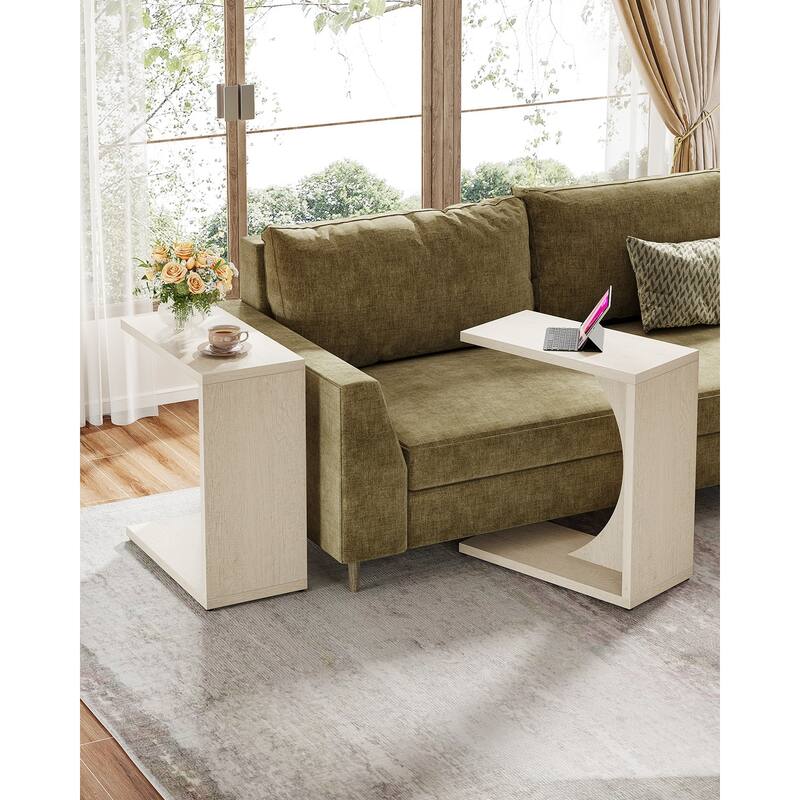 Wood 2-Tier C-Shaped ChairSide End Couch Table (Set of 2) - White