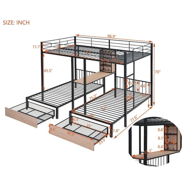 dimension image slide 0 of 2, Full Over Twin & Twin Triple Bunk Bed with Drawers, Desks and Shelves