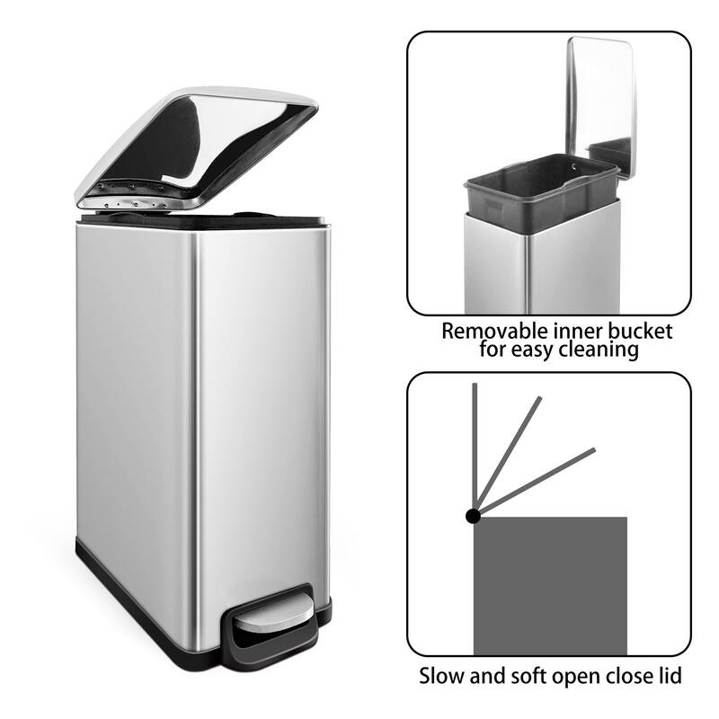 Innovaze 2.6 Gal./10 Liter Slim Stainless Steel Step-on Trash Can for Bathroom and Office
