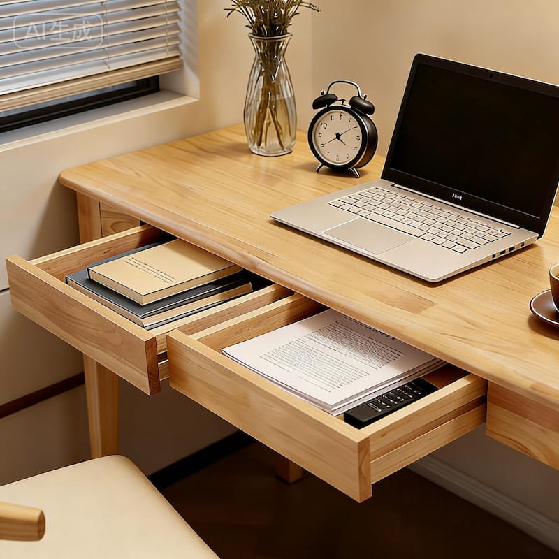 Solid Wood Mid-Century Modern Desk with Drawers for Home Office