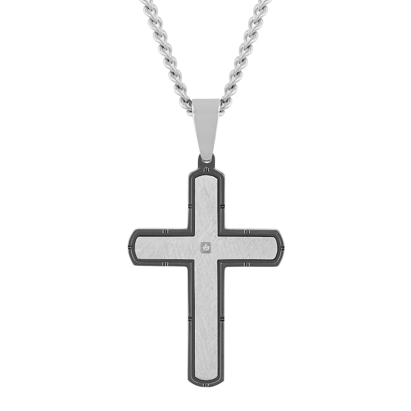 Steel Nation Stainless Steel Black Brushed Finish Diamond 3pc Set 0.02ctw (Dog Tag, Cross, and Bracelet)