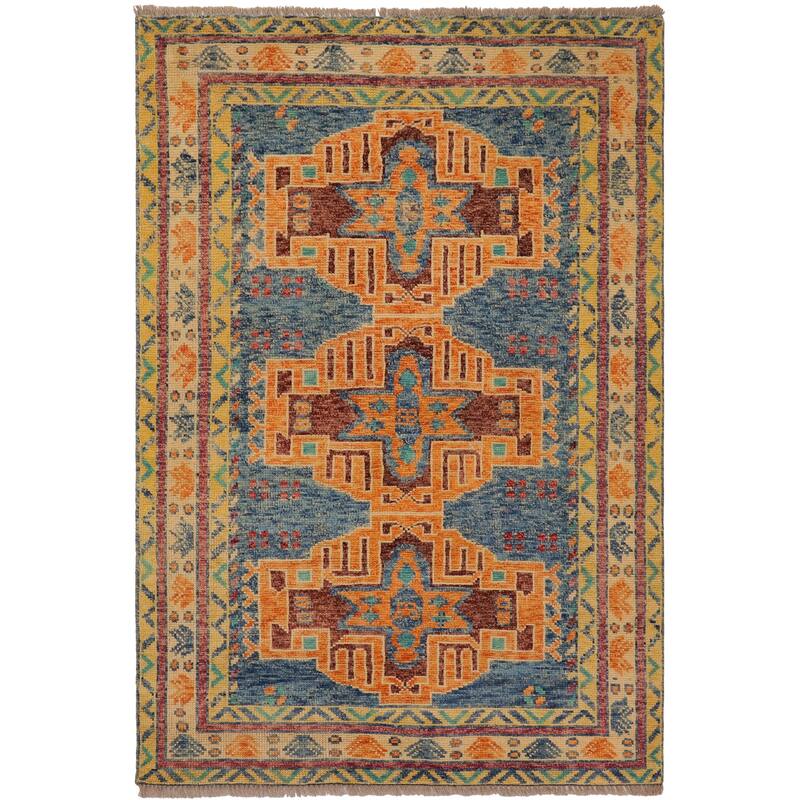 Rustic Balochi Burnett Blue/Beige Hand Knotted Wool Rug - 3'11'' x 6'0''