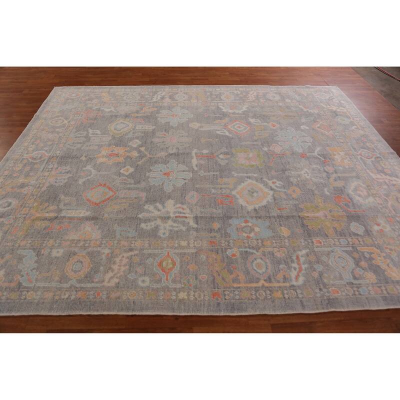 Hand Knotted Oriental 100% Wool Carpet Transitional All-Over Greys & Charcoal Oushak Area Rug - 9' 11'' X 8' 0''