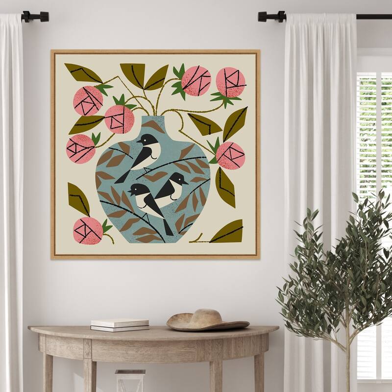 Three Bird Rose Vase by Renea l. Thull Framed Canvas Wall Art Print