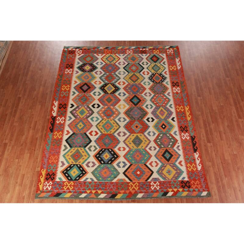 Geometric Kilim Oriental Area Rug Hand-Woven Reversible Wool Carpet - 8'8"x 11'2"