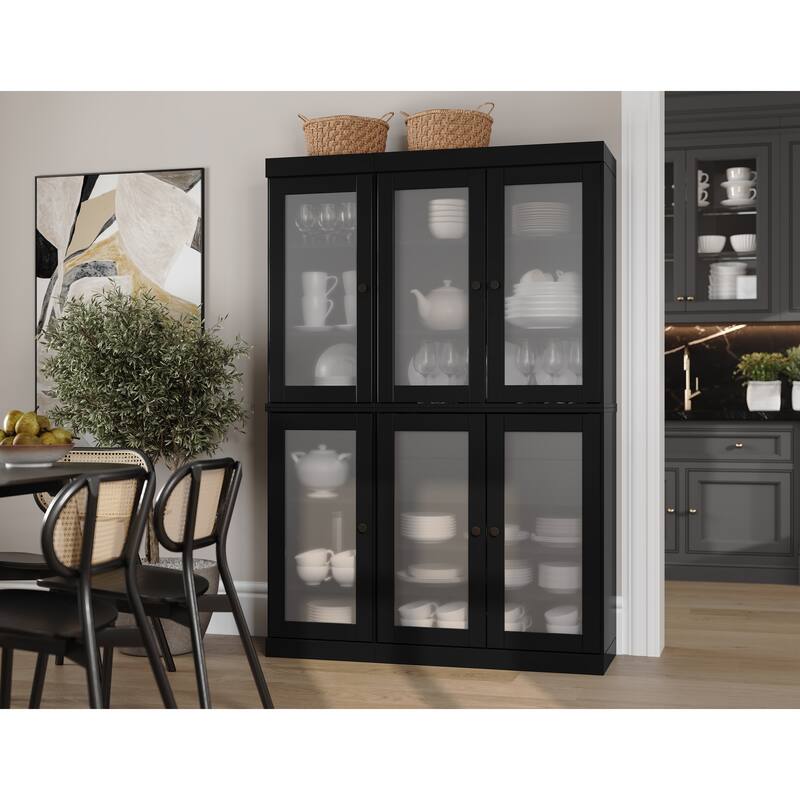 100% Solid Wood 48.5" Pantry Cabinet with Frosted Glass Doors and 2-Drawers