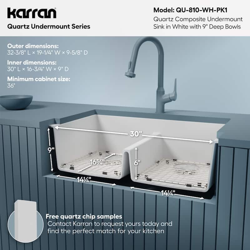 Karran 32" Undermount Double Equal Bowl Quartz Kitchen Sink Kit - 32" x 19.5" x 9"