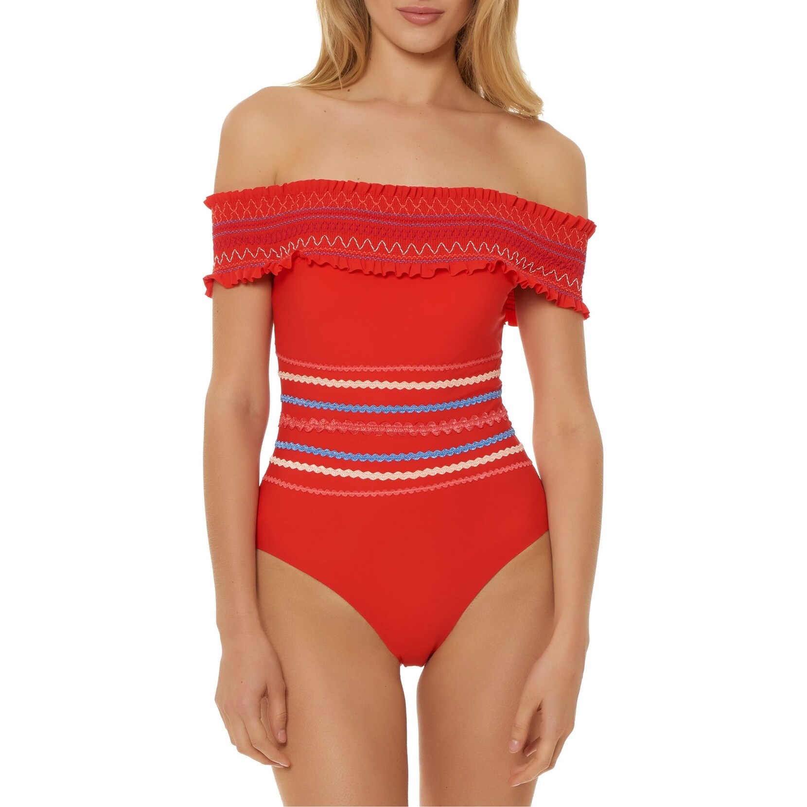 red off shoulder one piece