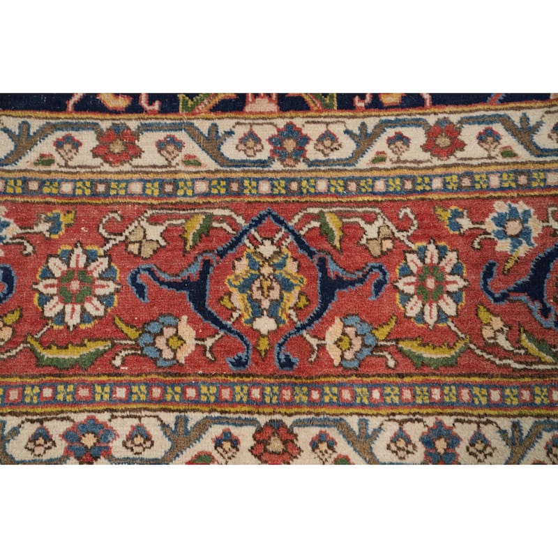Hand Knotted Oriental 100% Wool Carpet Traditional Floral Navy Blue & Blues Tabriz Area Rug - 10' 6'' X 7' 2''
