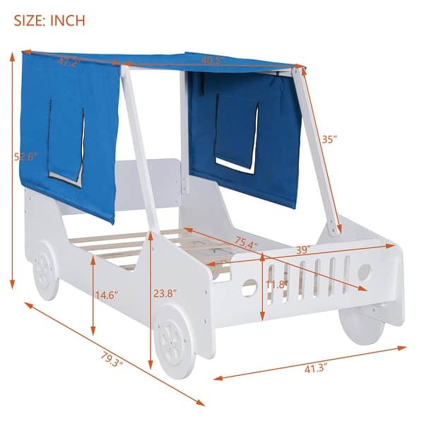 dimension image slide 1 of 3, Modern Kids Car Shaped Bed with Tents, Twin Size