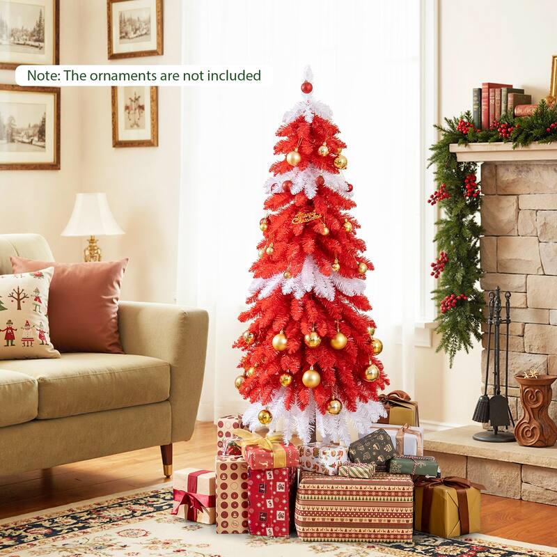 Gymax 5 FT Artificial Christmas Tree Pre-lit Xmas Trees w/ 301 Red &