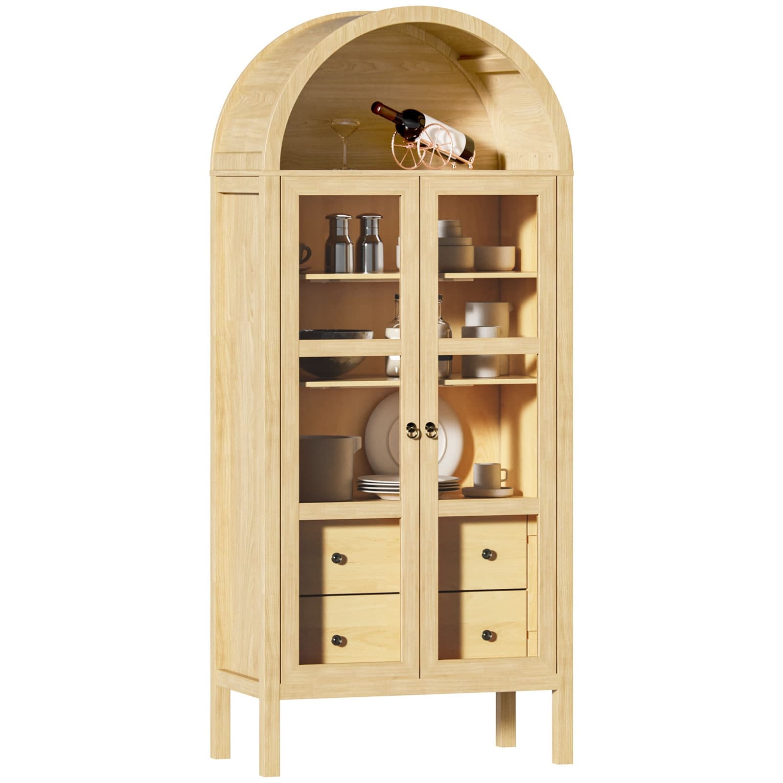 Multi-Level Storage Cabinet with Adjustable Shelf & 2 Drawer, 72" Tall Arched Cabinet with Glass Doors & Auto Sensor Light