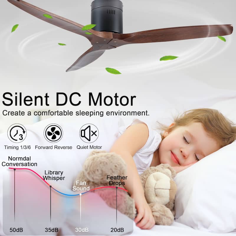 52In. Farmhouse Indoor Flush Mount Low Profile Ceiling Fan with Solid Wood Blades and Remote Control