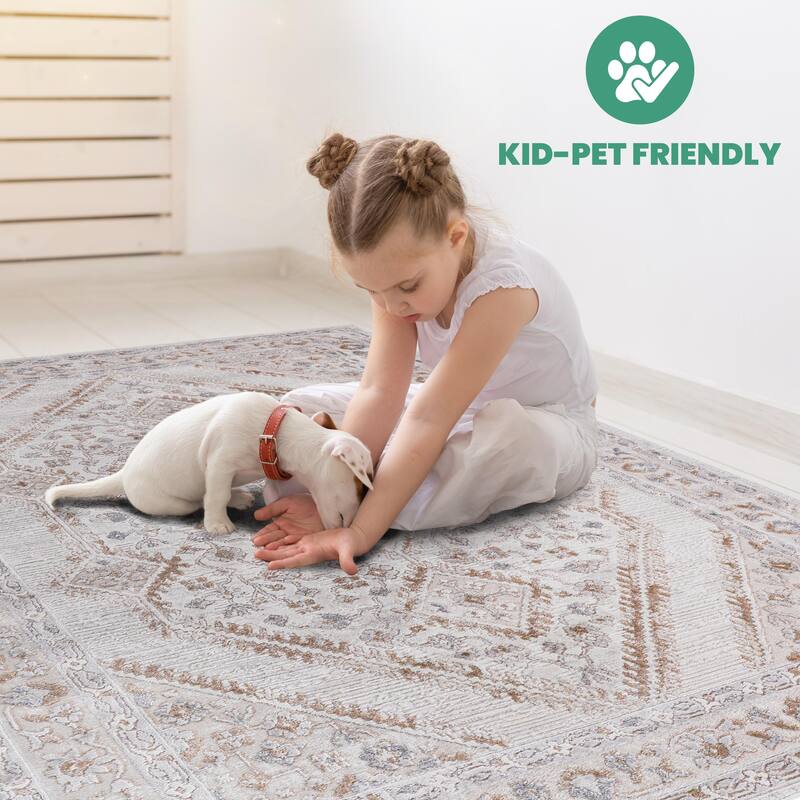 LOOM & LUXE Collection 2X8 Cream/Ivory/Bordered Non-Shedding Area Rug - 96" D x 26" W x 0.35" H