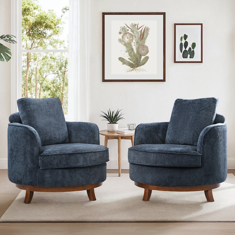 Set of 2 Comfortable Upholstered Swivel Chair with Soft Chenille and Wood Base - Steel Blue