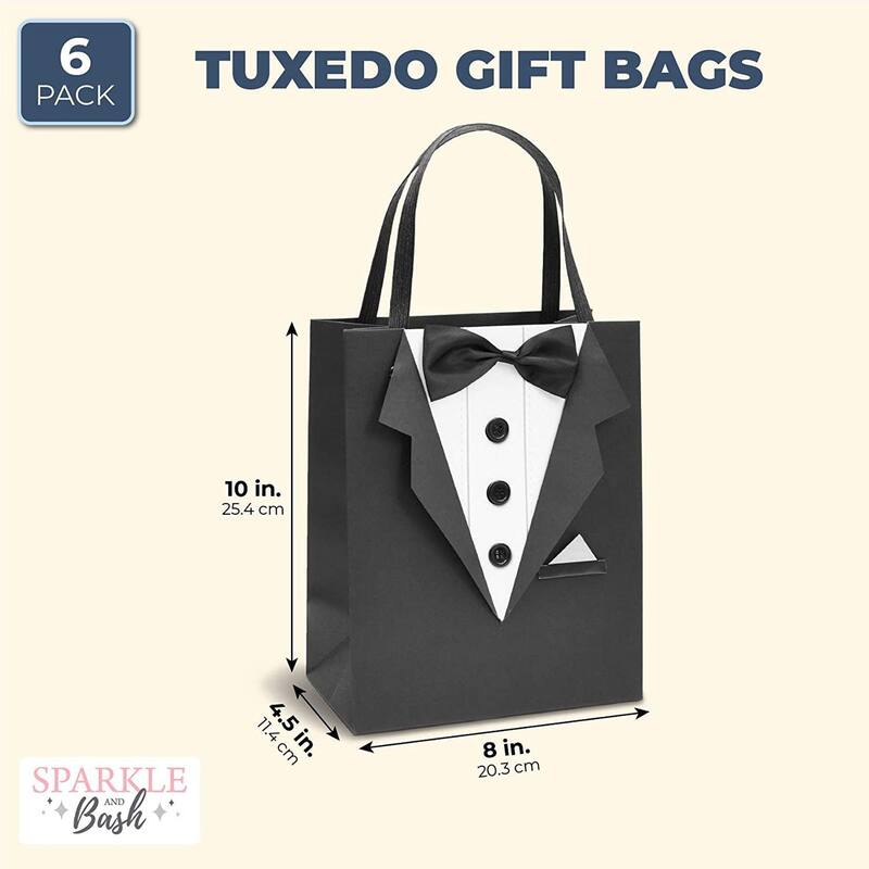 Sparkle and Bash 6 Pack Gift Bags with 3D Tuxedo Design , for Bachelor Birthday, 8x4.5x10"