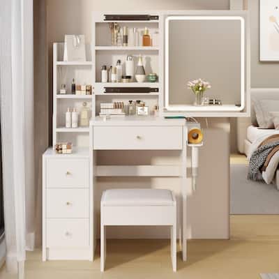 Small Space Left Bedside Cabinet Vanity Table,Cushioned Stool,2 AC 2 USB Power Station,Extra Large Sliding LED Mirror