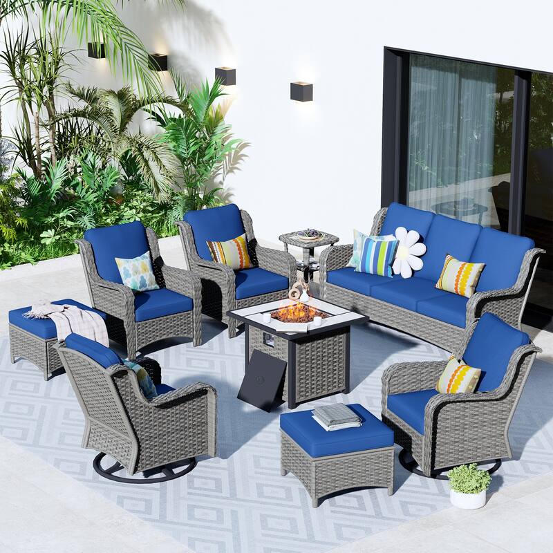 OVIOS 9-piece Patio Wicker Swivel Chair Set With 30" Fire Pit - Navy Blue-Grey Wicker