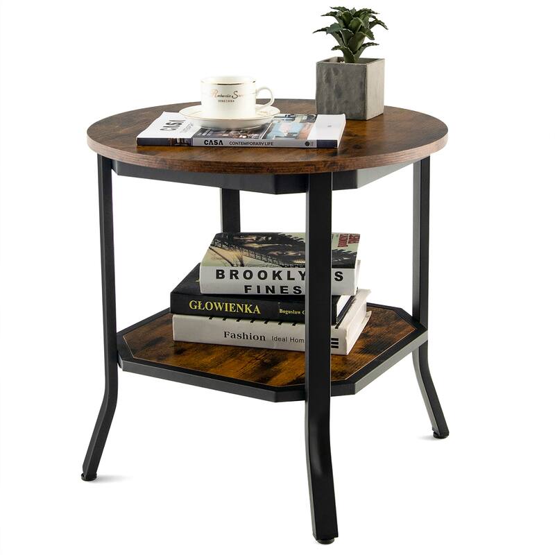Round End Table 2 Tier Coffee Table Nightstand with Storage Shelf - Rustic Brown + Black