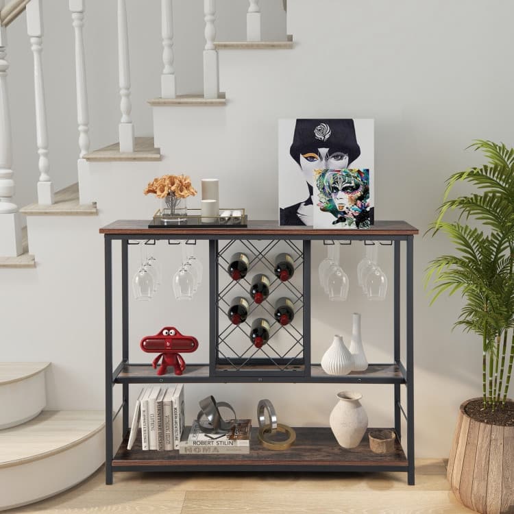 3-Tier Wine Bar Cabinet wit 8 Bottles Rack and 12 Glasses Hanger-Rustic Brown - 39.5" x 16" x 34" (L x W x H)