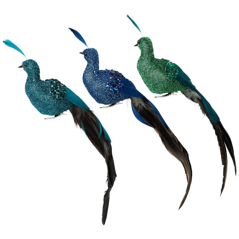 Sequin Peacock Clip-on Christmas Ornaments - 9" - Blue and Green - Set of 3