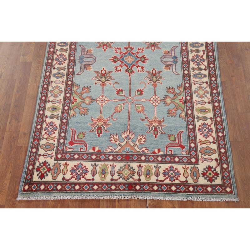 Light Blue Geometric Kazak Oriental Accent Rug Handmade Wool Carpet - 3'10" x 6'5"