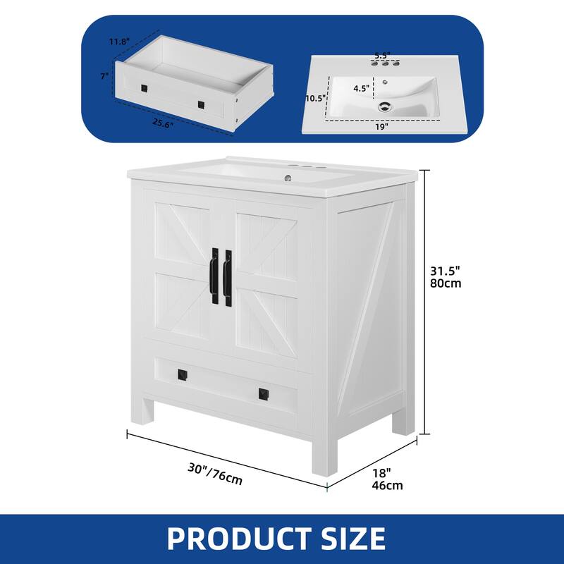 Moasis 30" Farmhouse Bathroom Vanity With Sink,Small Space Bathroom Storage Cabinet with Barn Doors