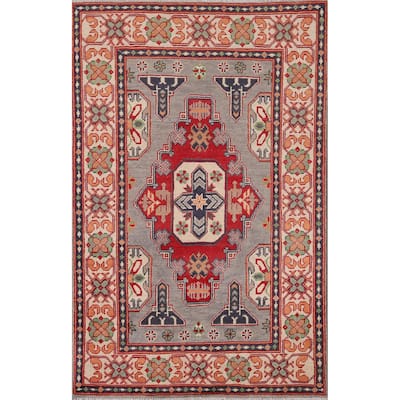 Gray Kazak Foyer Rug Hand-Knotted Wool Carpet - 3'2" x 5'0"