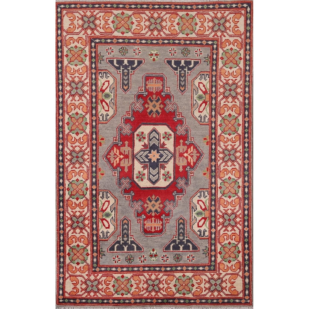 Gray Kazak Foyer Rug Hand-Knotted Wool Carpet - 3'2" x 5'0"
