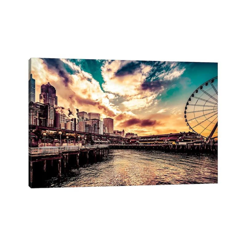 iCanvas "Turquoise Seattle Sunrise Great Wheel Pier 57 Cityscape" by Nature Magick Canvas Print